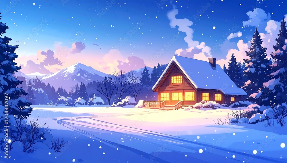 Fototapeta premium Cozy winter cabin in snowy forest at dawn
