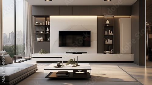 Elegant modern living room design featuring sleek furniture and city skyline views, creating a