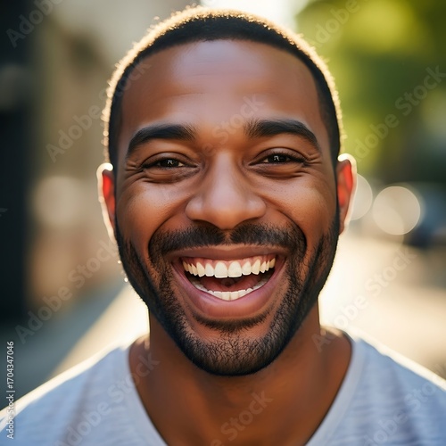 A cheerful man with a broad, beaming smile showcases healthy, bright teeth in an outdoor portrait.