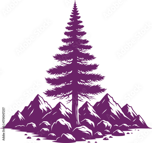 Majestic purple pine tree stands tall amidst jagged mountain peaks and rocky terrain