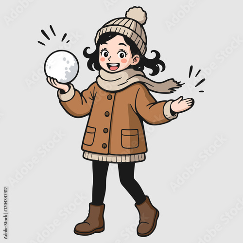 Girl in brown coat with cheerful mood holding a snowball