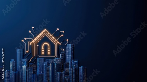 A digital representation of a secure smart home amidst a futuristic city skyline, showcasing technology and cybersecurity themes.