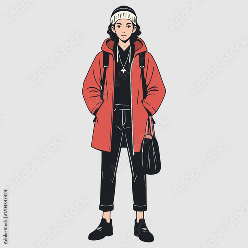 Stylish young man in black jeans, boots and red jacket