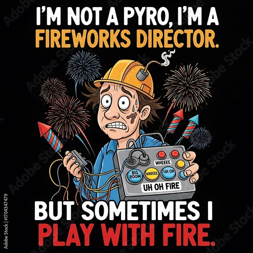 A humorous graphic design showcasing a stressed fireworks director, surrounded by fireworks, expressing the challenges of controlling pyrotechnics.