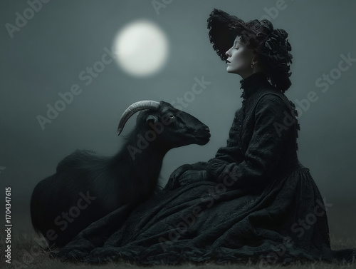 Beautiful witch with black goat at night. AI generative art