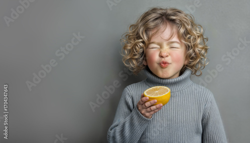 A young girl having her first taste of a sour lemon.  Cute puckered face and lips. Short blond hair. Holding a lemon in her hand. Copy space.