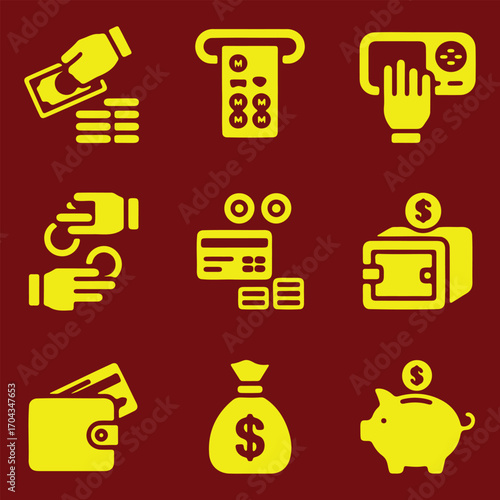 Financial icons set for money transactions savings and payments