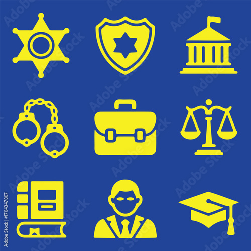 Yellow and blue justice law legal icons set