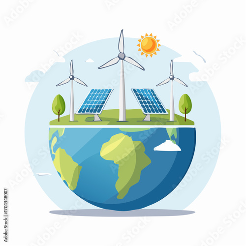 Depiction of Sustainable Energy Sources Generating Power on a Spherical Earth Illustration
