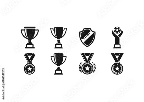 : Black vector silhouettes of football trophies and medals symbolizing victory and achievement. Ideal for tournament branding, posters, sports apps, and championship designs.