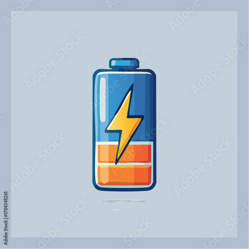 Digital illustration showcasing a cartoon battery icon with a lightning bolt symbol and its charge status