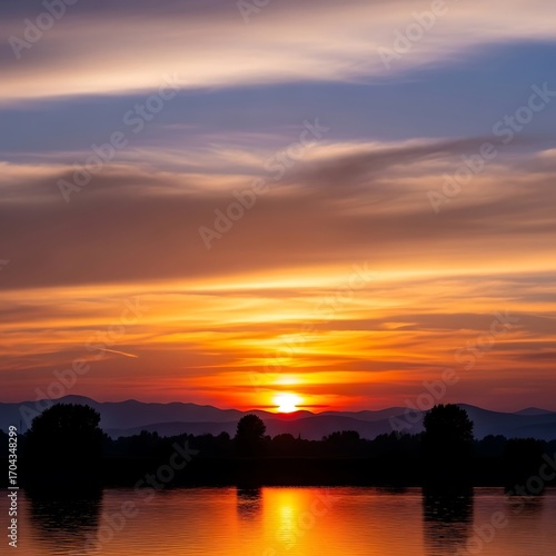 A breathtaking sunset over a serene river, showcasing vibrant colors and silhouettes of trees against a dramatic sky.