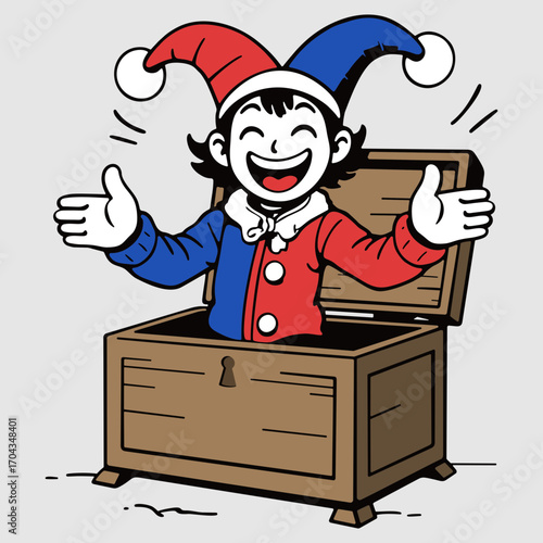 The harlequin toy is in a wooden chest