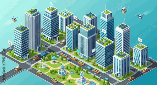 Isometric view of a futuristic, eco-friendly city with green buildings and autonomous vehicles.