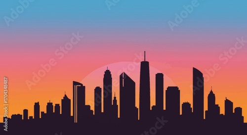Silhouette of a modern city skyline against a vibrant sunset sky with a gradient of orange, pink, and blue.