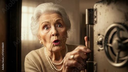 Surprised elderly woman discovers hidden treasures inside an old metal safe