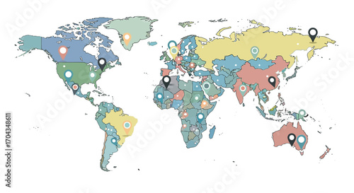 World map with location pins indicating various places around the globe.