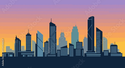 Silhouette of a city skyline at sunset.