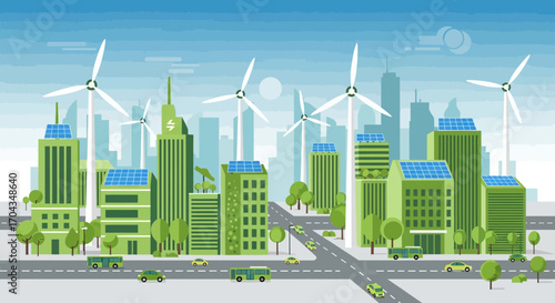 Illustration of a green sustainable city with wind turbines, solar panels, and eco-friendly vehicles.