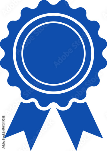 Blue ribbon and banner. Check mark tick verification icon symbol. Set of premium quality and guarantee labels. Vector illustration isolated on white background.
