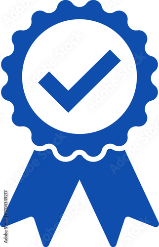 Blue ribbon and banner. Check mark tick verification icon symbol. Set of premium quality and guarantee labels. Vector illustration isolated on white background.