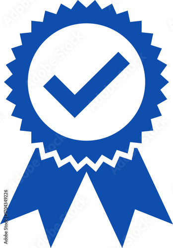 Blue ribbon and banner. Check mark tick verification icon symbol. Set of premium quality and guarantee labels. Vector illustration isolated on white background.