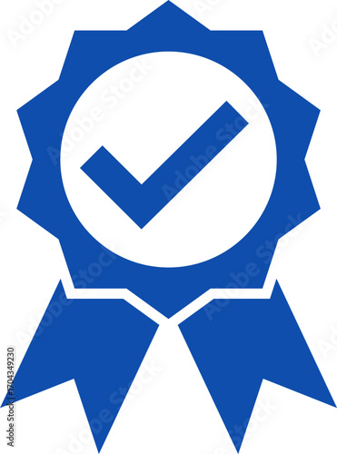 Blue ribbon and banner. Check mark tick verification icon symbol. Set of premium quality and guarantee labels. Vector illustration isolated on white background.