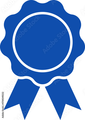 Blue ribbon and banner. Check mark tick verification icon symbol. Set of premium quality and guarantee labels. Vector illustration isolated on white background.