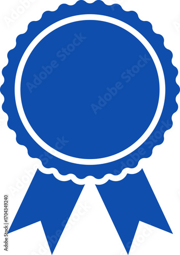 Blue ribbon and banner. Check mark tick verification icon symbol. Set of premium quality and guarantee labels. Vector illustration isolated on white background.