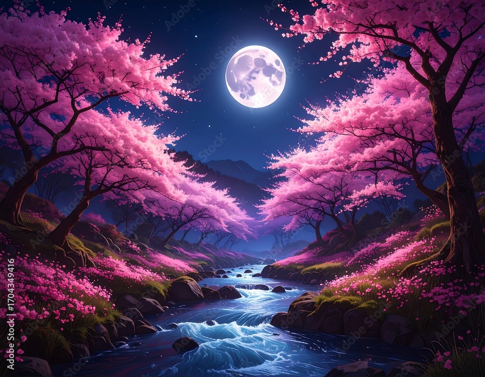Obraz premium Pink cherry blossoms under a full moon