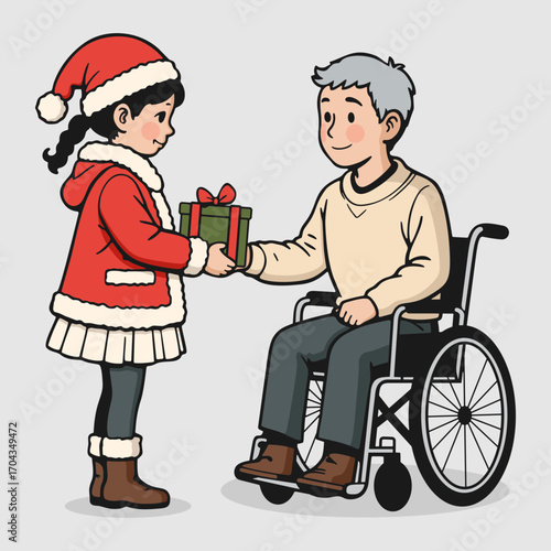 Young girl with warm-hearted joy giving a Christmas gift to elderly disabled man