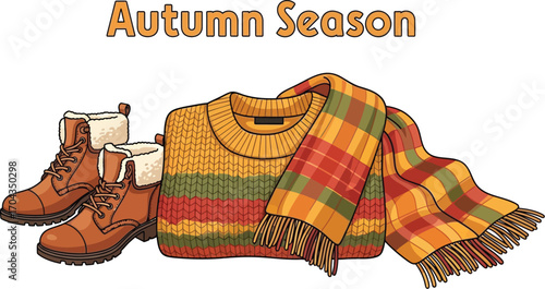 Autumn season concept with sweater, scarf and boots vector illustration of fall fashion style
