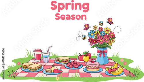 A delightful spring picnic scene with flowers and treats