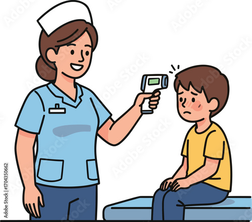 Nurse measuring boy’s temperature with infrared thermometer, pediatric healthcare, medical checkup, child patient, hospital visit, nurse caring, health monitoring, wellness care