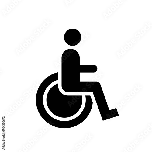 Wheelchair accessibility symbol. A simple black silhouette icon of a person in a wheelchair on a white background. Useful for public signage and web design