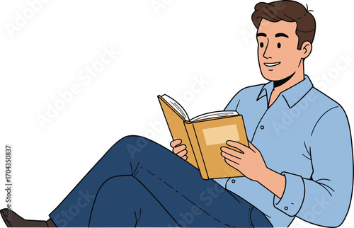 Young man reading book, relaxed cartoon character, sitting with smile, learning and enjoying, casual male reader illustration, vector clipart education concept