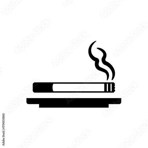 Cigarette smoking. A minimalist black and white icon illustrating a lit cigarette in an ashtray with rising smoke. Useful for warnings or designated zone signage