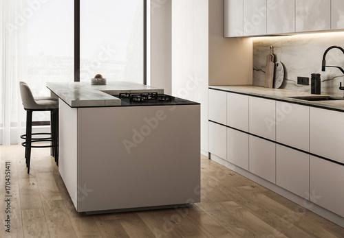 Modern nature style white kitchen interior design with island and panoramic window background. 3d rendering. High quality 3d illustration