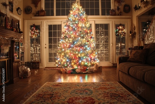 Glowing christmas tree shines in a two story house with staircase and furnishings