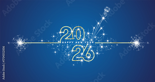 Happy New Year 2026 eve line design loading sparkle firework open champagne golden white blue vector wallpaper greeting card
