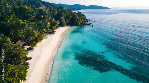 Exotic beach escape with thatched hut and turquoise ocean high resolution picture