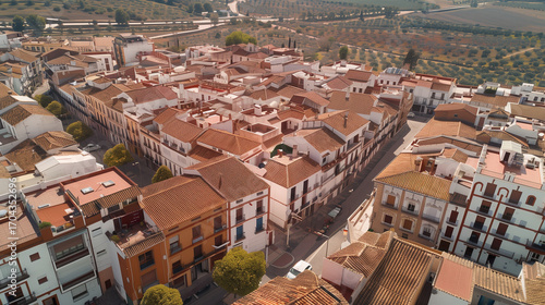 Stock aerial image of an urban city neighborhood with residential buildings, streets and rooftops, created as a resource for real estate, housing and architecture projects. Not a specific locations