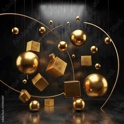 Golden spheres and cubes suspended in a dark, modern space, showcasing a dynamic and elegant geometric composition.