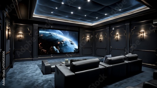 Elegant private home theater setup with a large screen and comfortable seating arrangement