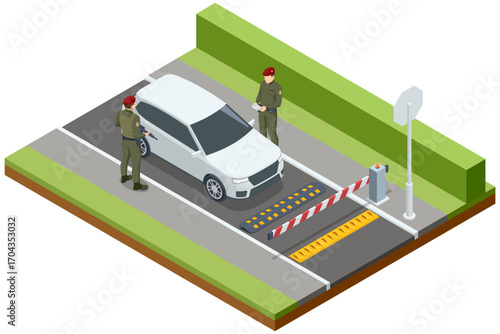 Isometric checkpoint with soldiers, armed guards, barriers, and stop signs. Concept of border patrol, migration control, and security check