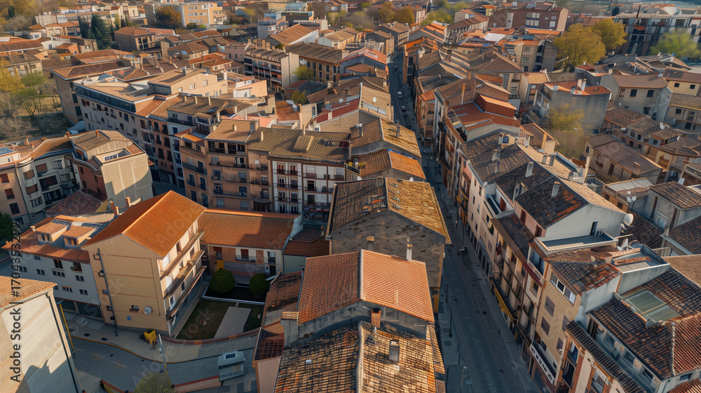 Fototapeta premium Stock aerial image of an urban city neighborhood with residential buildings, streets and rooftops, created as a resource for real estate, housing and architecture projects. Not a specific locations