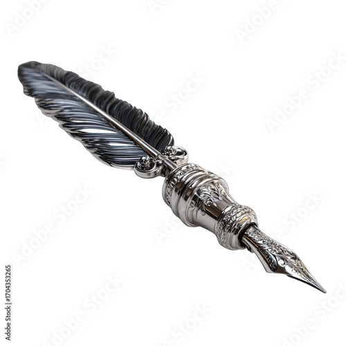 A detailed, stylized, metallic quill pen.  The pen's shaft is a polished metal, featuring an ornate design.  A large, realistic feather forms the top portion