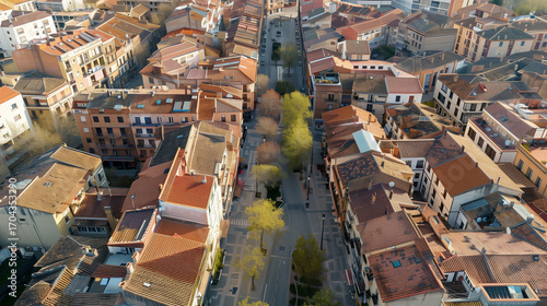 Stock aerial image of an urban city neighborhood with residential buildings, streets and rooftops, created as a resource for real estate, housing and architecture projects. Not a specific locations