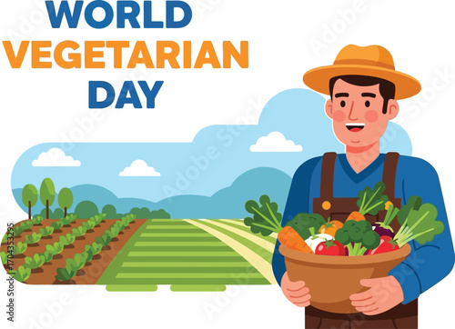 World vegetarian day illustration with farmer holding basket of fresh vegetables in farm field