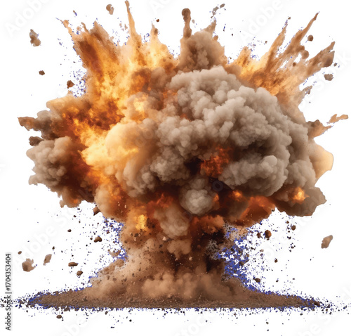 Intense Explosion with Fire Smoke Debris and Blue Particles on White Background blast